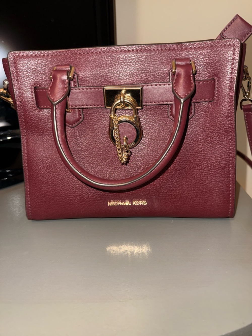 MICHAEL KORS Wine Leather Satchel with Gold Hardware